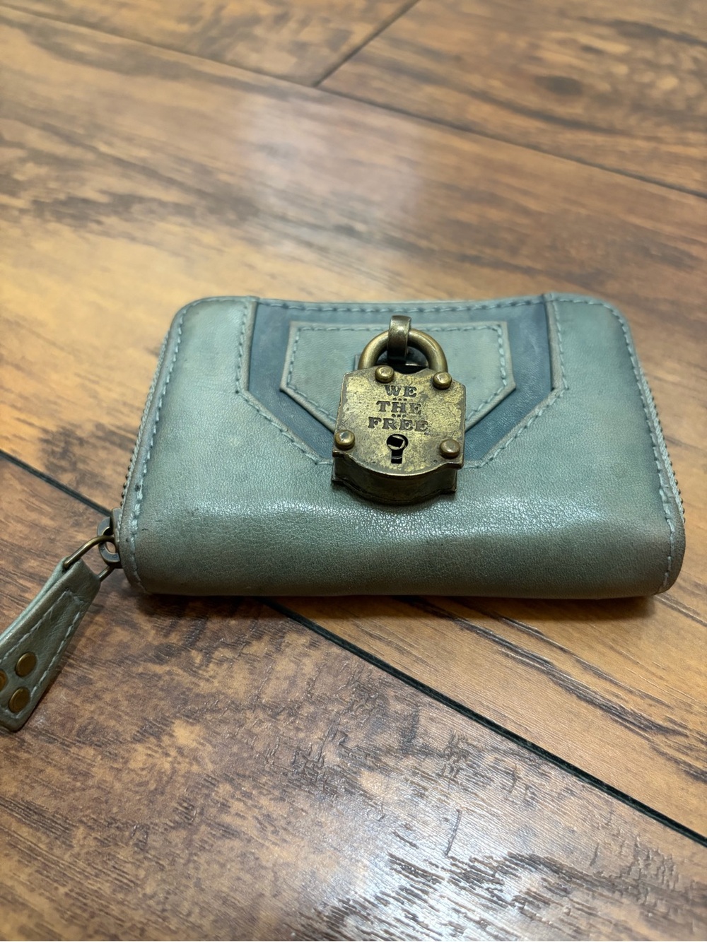 Free People Olive Green Leather Zip Wallet with Brass Padlock Detail